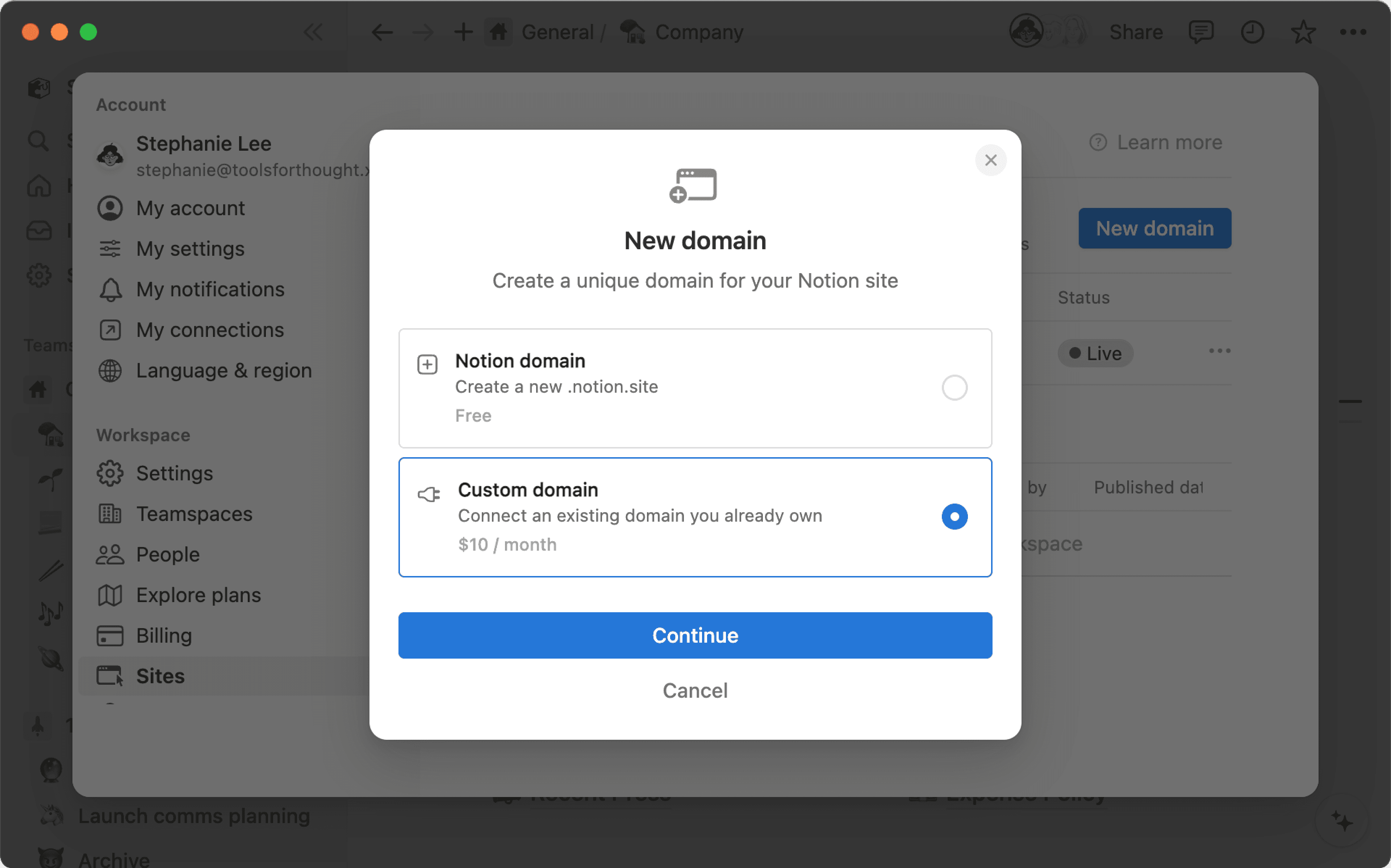 hc: connect a custom domain hero