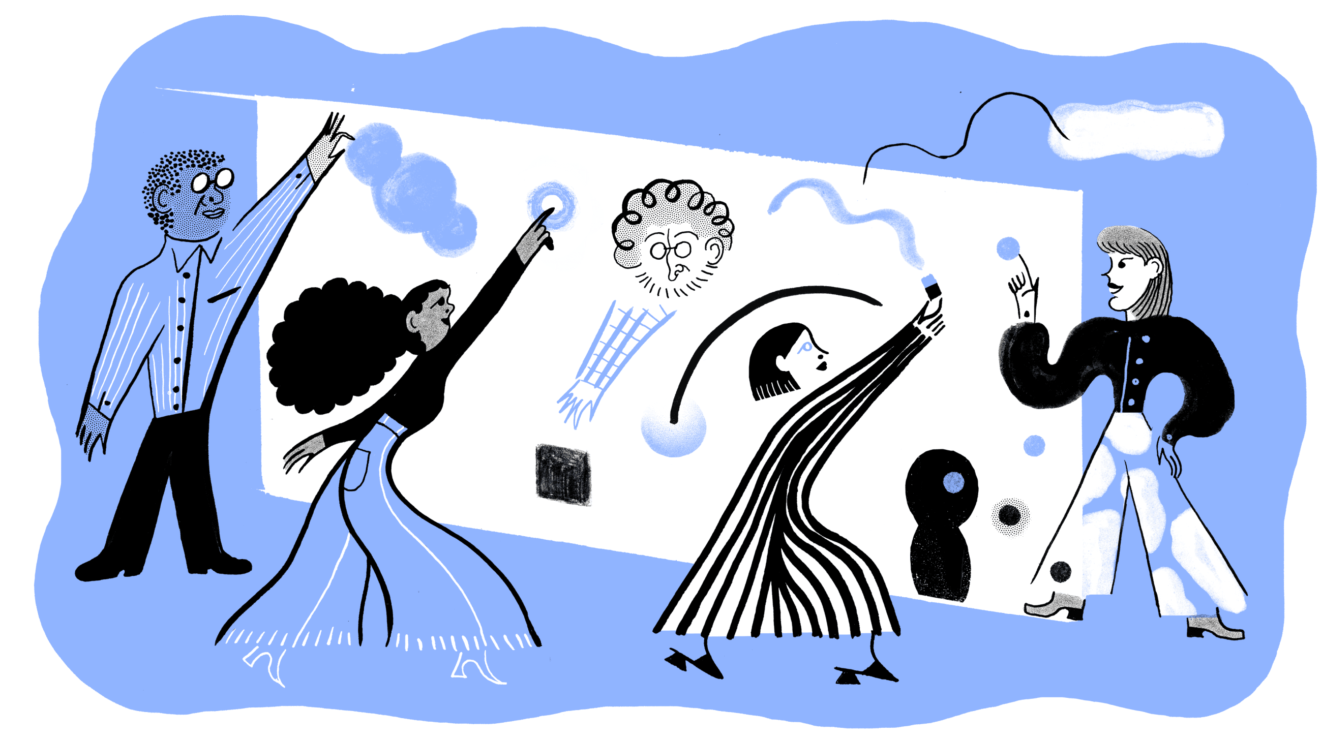 Slack hero illo - many people whiteboarding