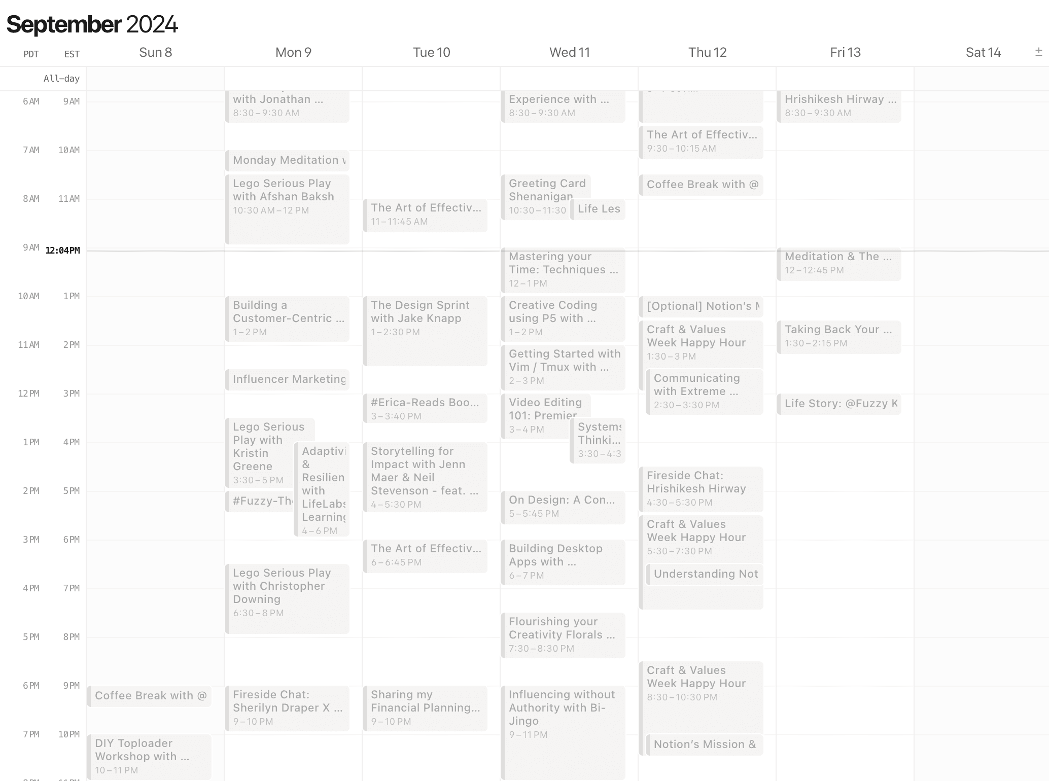 Notion Calendar view of Craft & Values Week