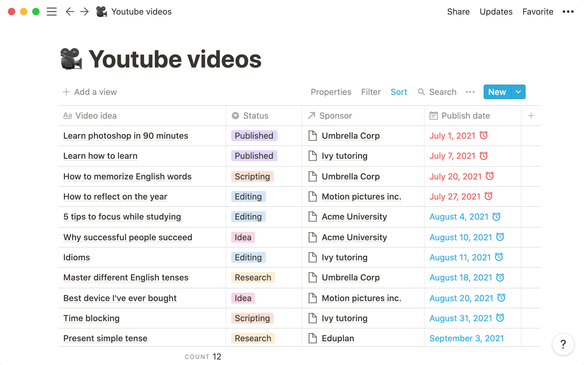 All video info — script, sponsor, status, deadline — is kept in the same database.