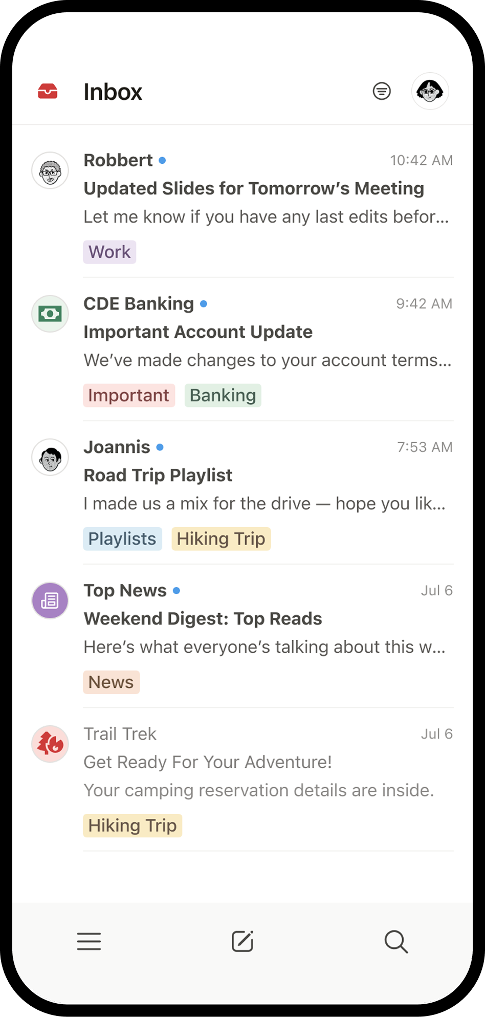Een screenshot van Notion Mail op mobiel